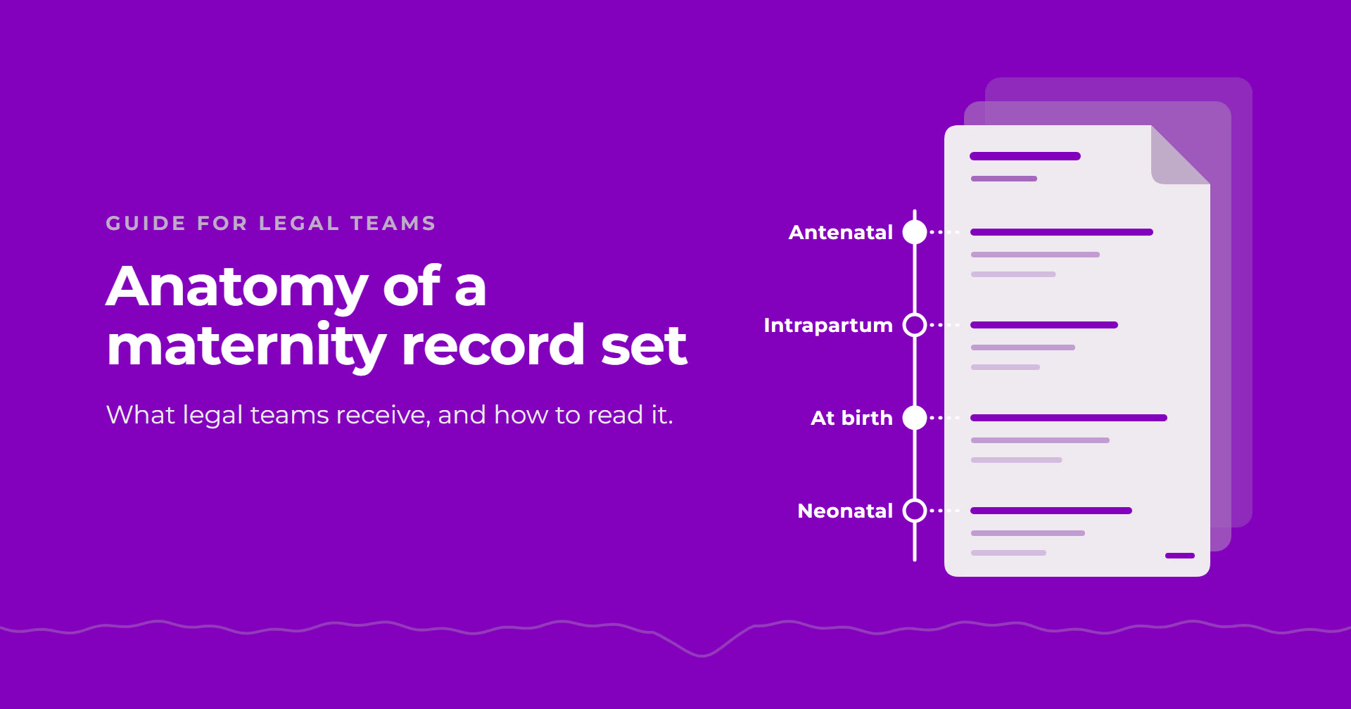 Illustration of a paginated maternity record set with a timeline of antenatal, intrapartum, birth and neonatal records